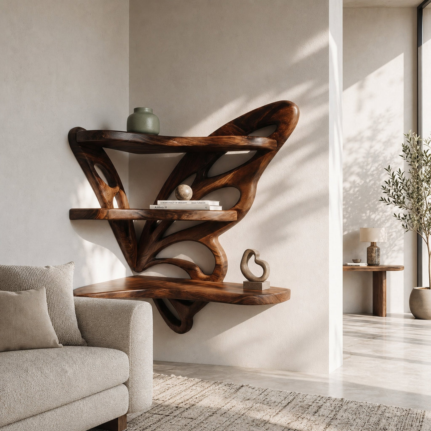 Rustic Butterfly Floating Shelf With Natural Live Edge Wood Design For Living Room - product view 7