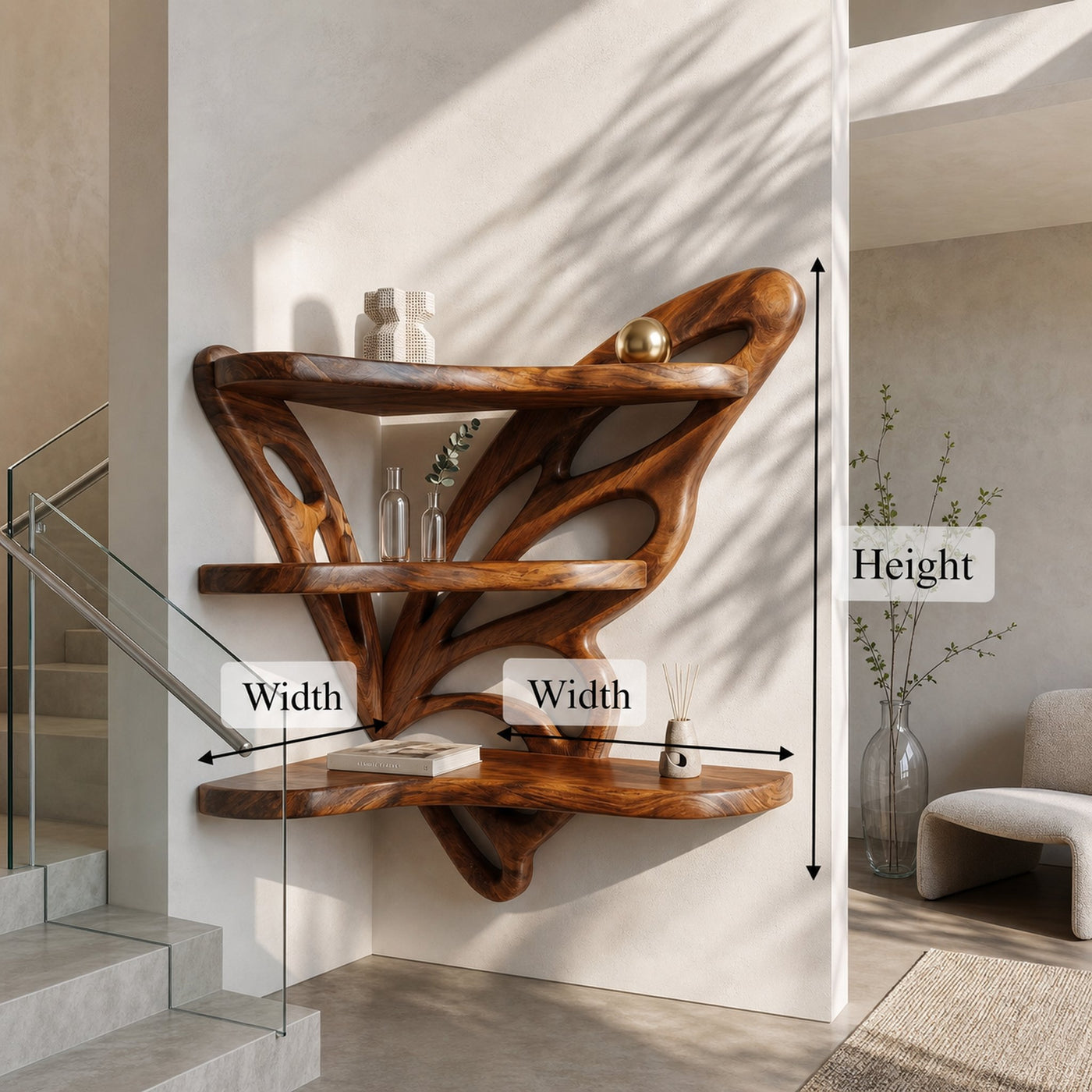 Rustic Butterfly Floating Shelf With Natural Live Edge Wood Design For Living Room - product view 8