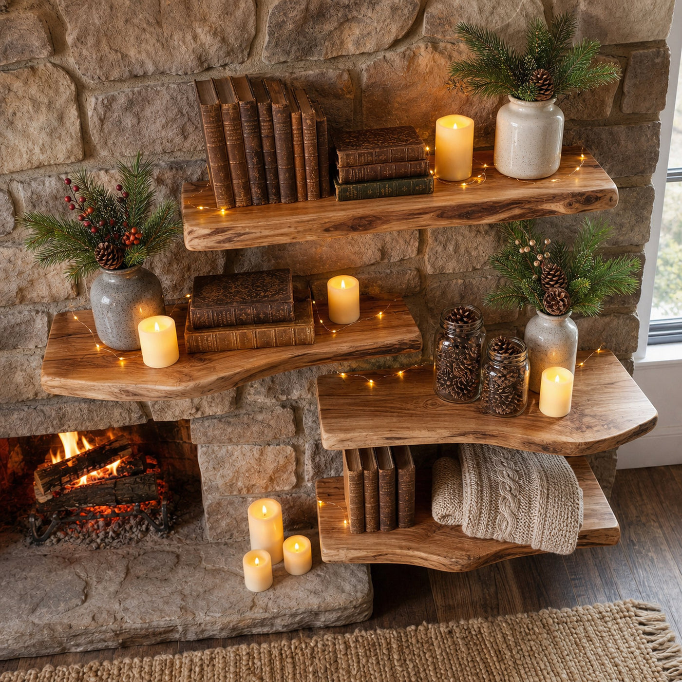 Rustic Fireplace Wall Shelves Solid Wood Organic Display