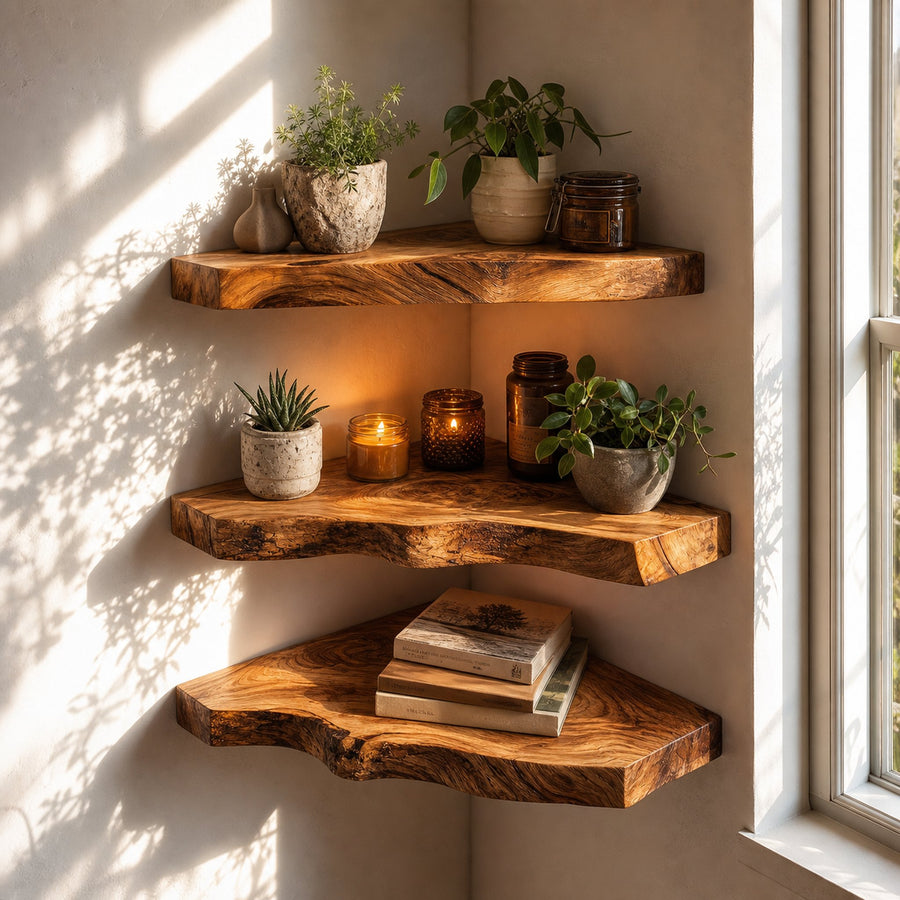 Rustic Floating Corner Storage Shelf Bathroom