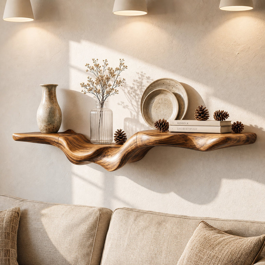 Rustic Floating Shelf With Natural Wood Flowing Form For Living Room