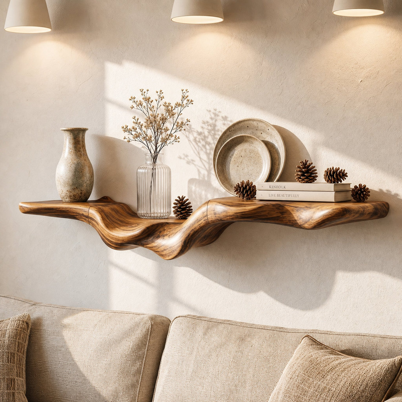 Rustic Floating Shelf With Natural Wood Flowing Form For Living Room