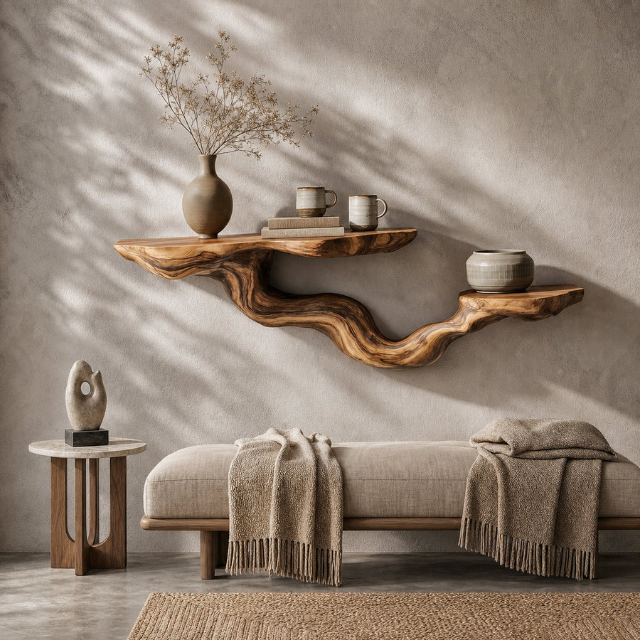 Rustic Floating Shelf With Sculptural Tree Branch Form For Home Decor