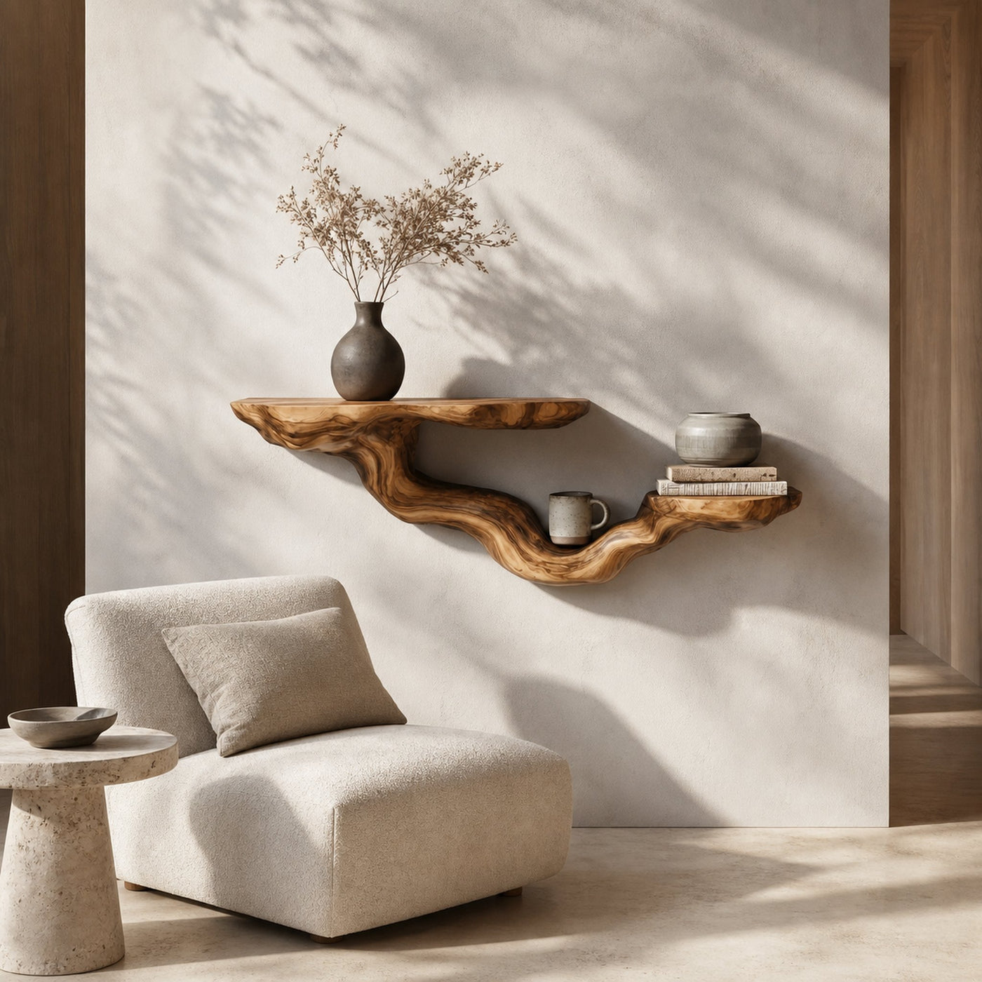 Rustic Floating Shelf With Sculptural Tree Branch Form For Home Decor - product view 6
