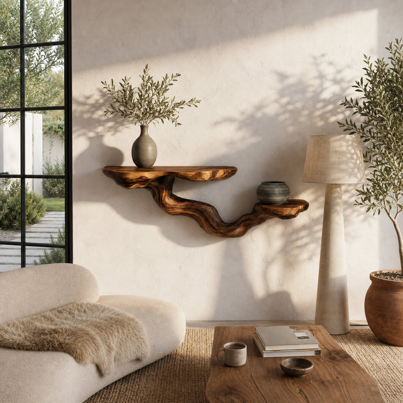 Rustic Floating Shelf With Sculptural Tree Branch Form For Home Decor - product view 7