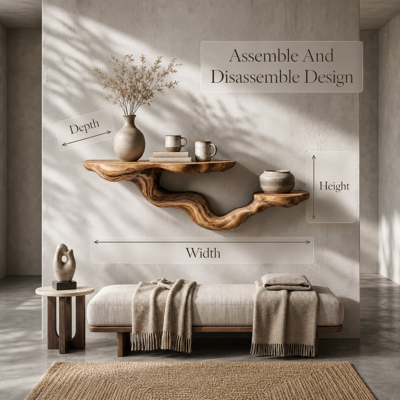 Rustic Floating Shelf With Sculptural Tree Branch Form For Home Decor - product view 8
