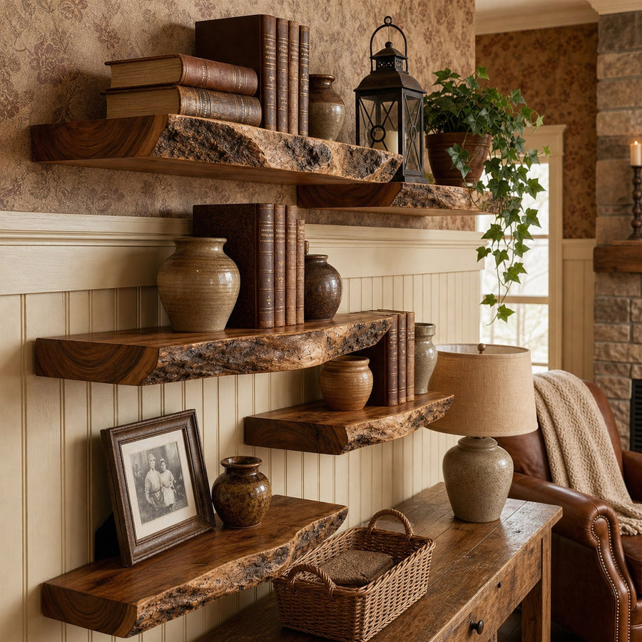 Rustic Floating Wall Shelves Solid Wood Vintage Home Display