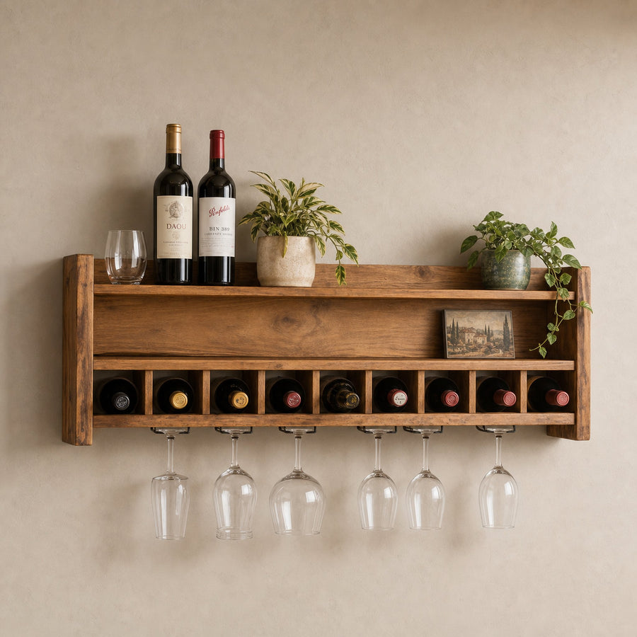 Rustic Floating Wine Rack With Glass Holder For Kitchen Or Dining Room