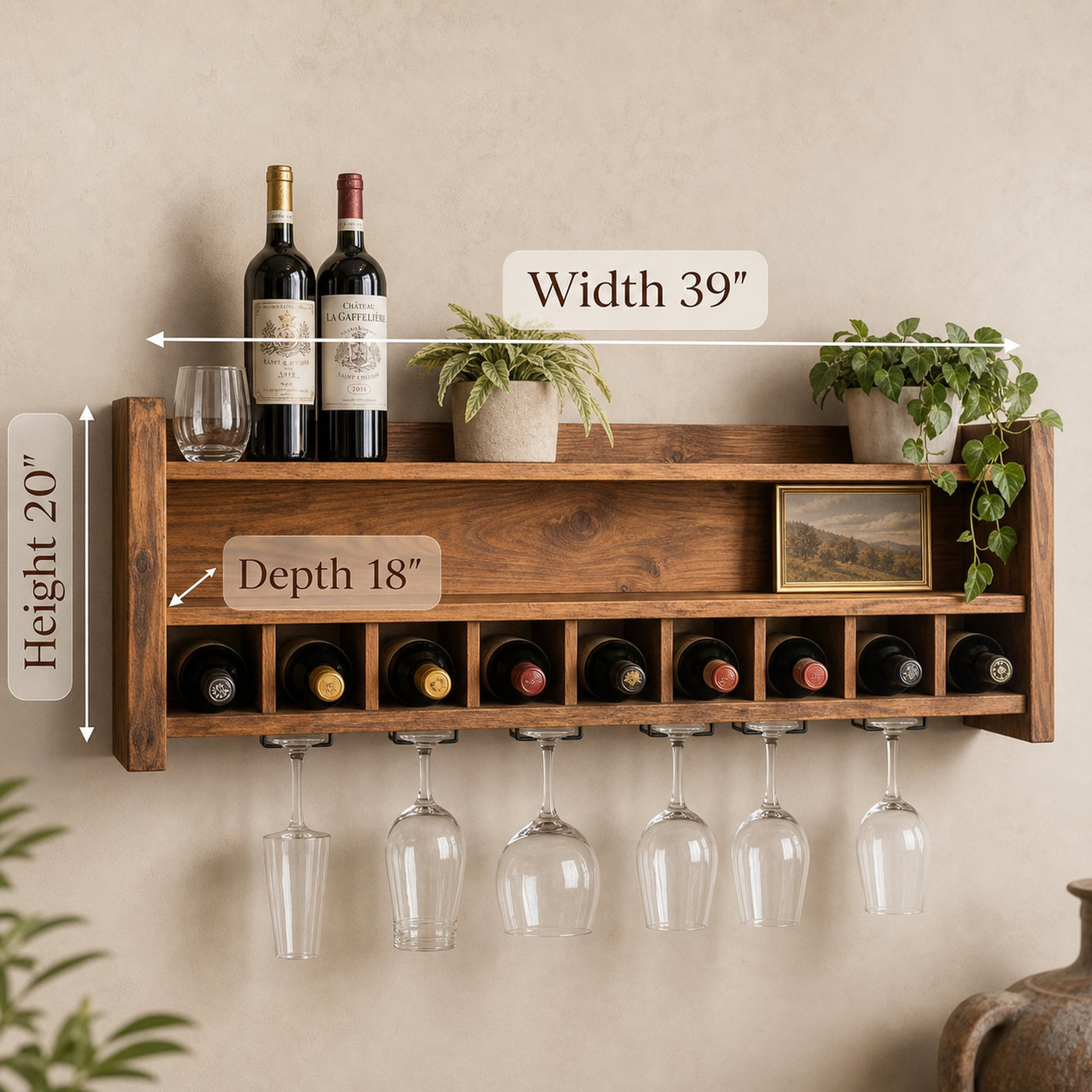 Rustic Floating Wine Rack With Glass Holder For Kitchen Or Dining Room - product view 6