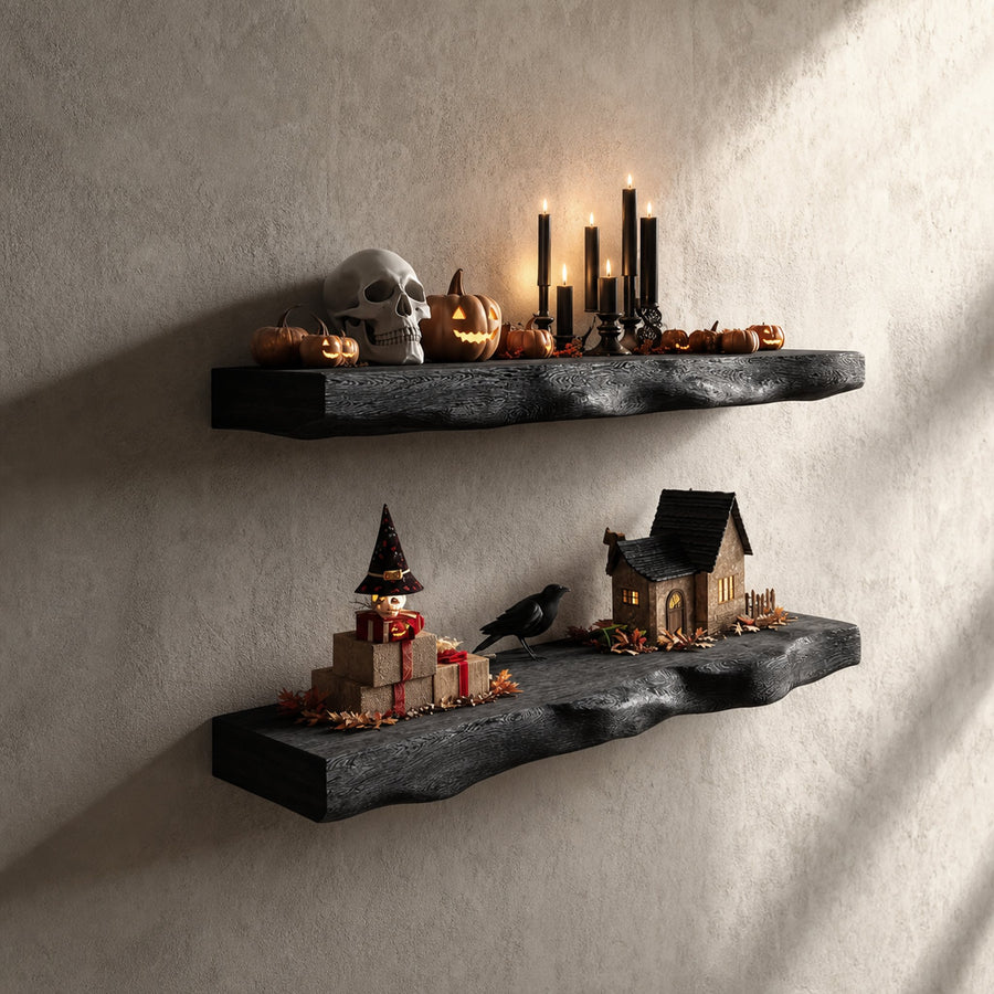 Rustic Halloween Floating Shelves Entryway