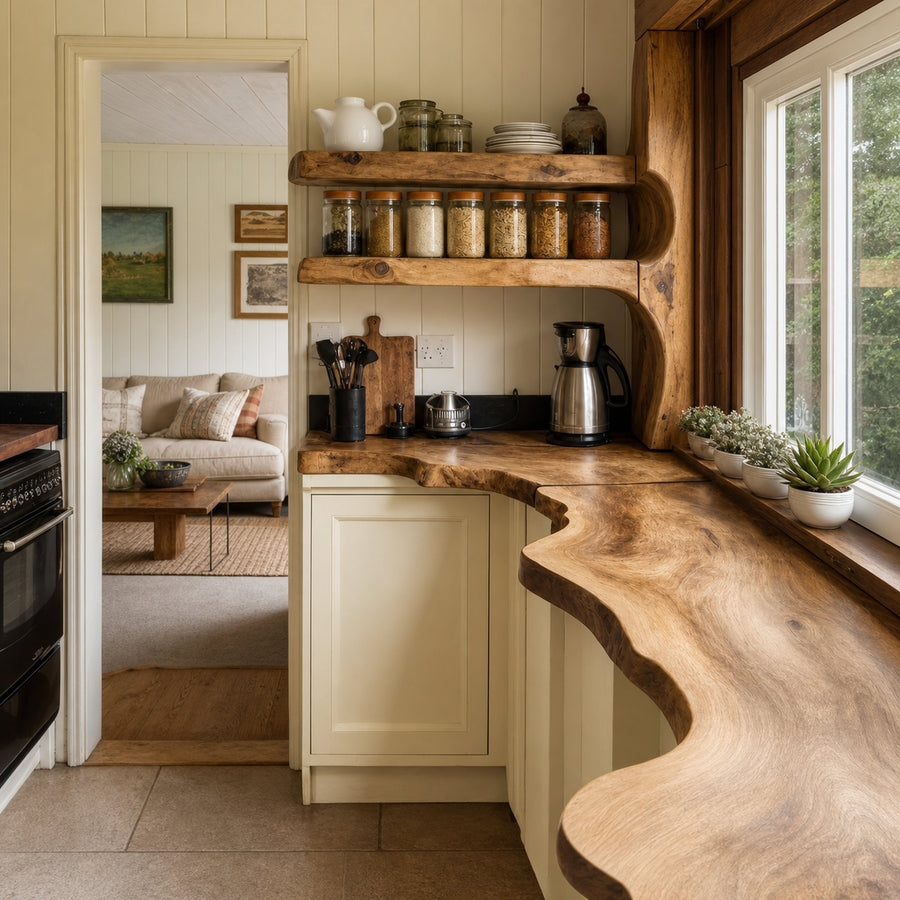 Rustic Handmade Live Edge Kitchen Counter And Floating Shelves For Cozy Pantry Setup