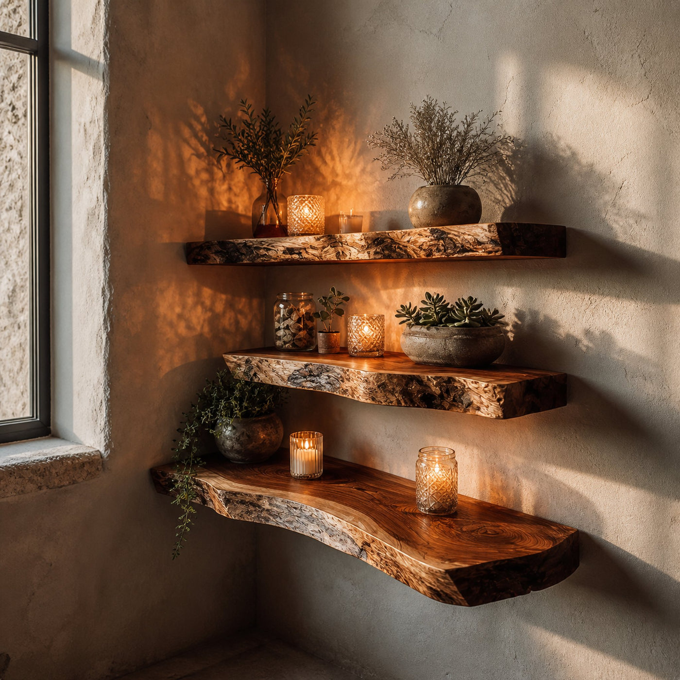 Rustic Live Edge Corner Floating Shelf Living Room