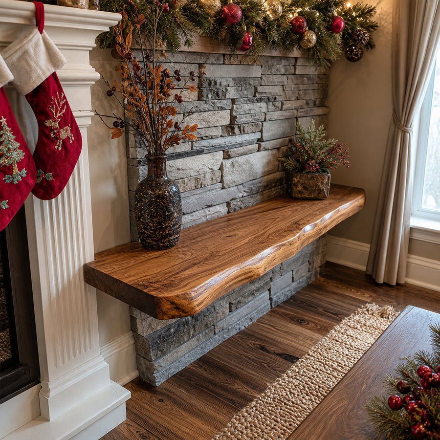 Rustic Live Edge Floating Shelf Christmas Fireplace Display