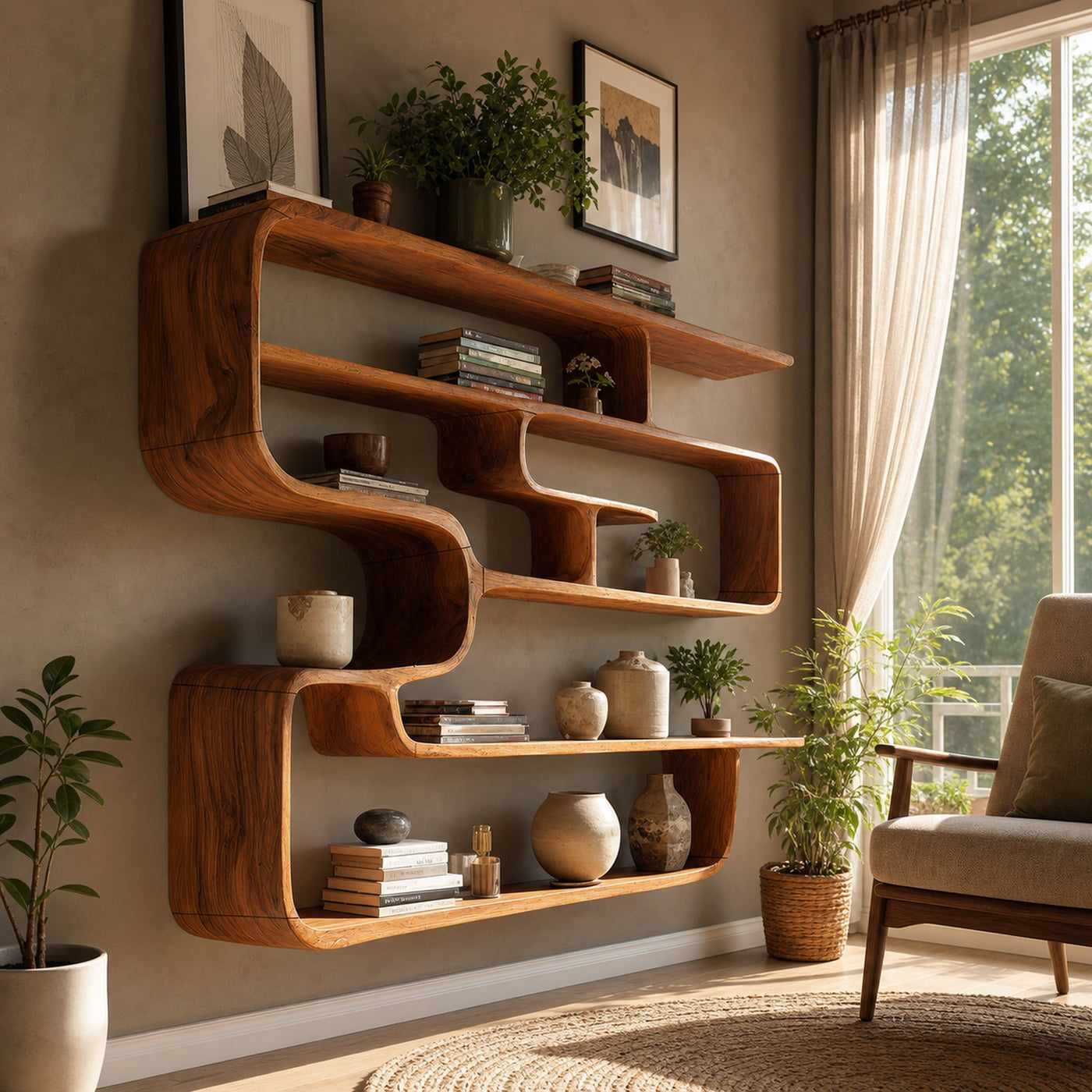 Rustic Live Edge Shelving Unit For Living Room Storage Display - product view 6