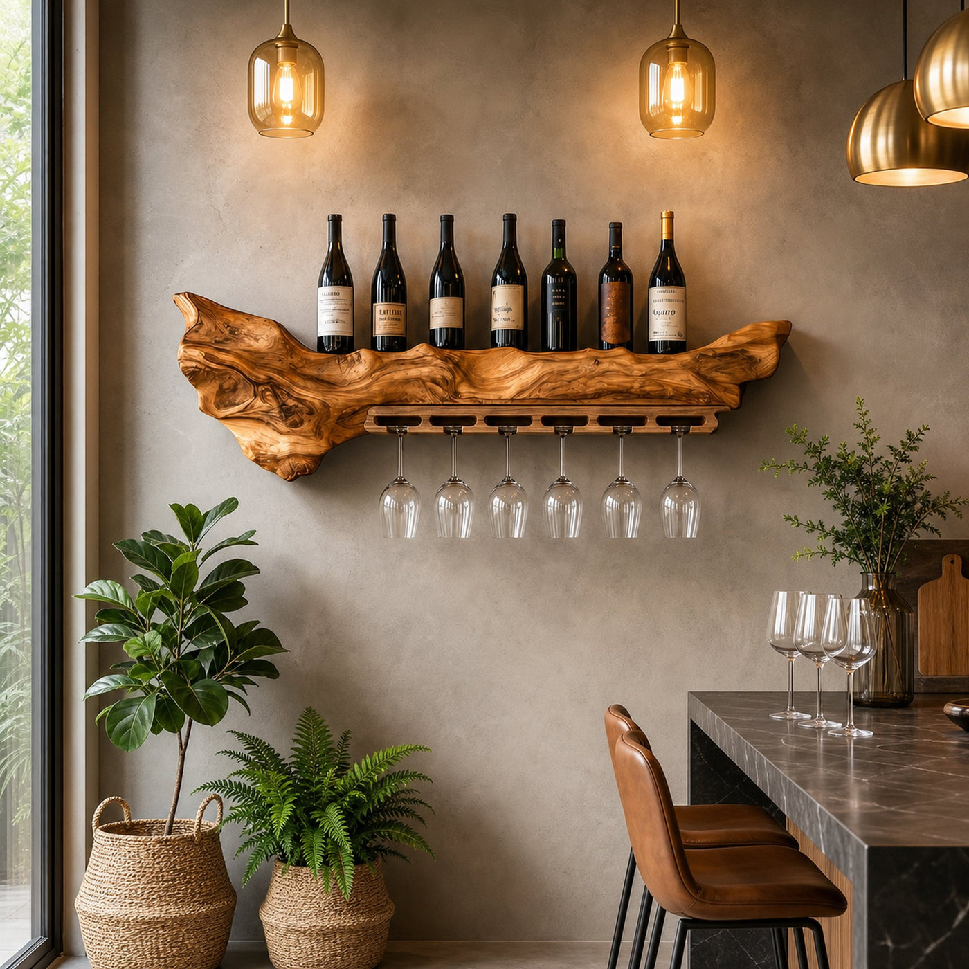 Rustic Live Edge Wall Mounted Wine Rack With Glass Holder And Bottle Storage For Kitchen And Dining Room
