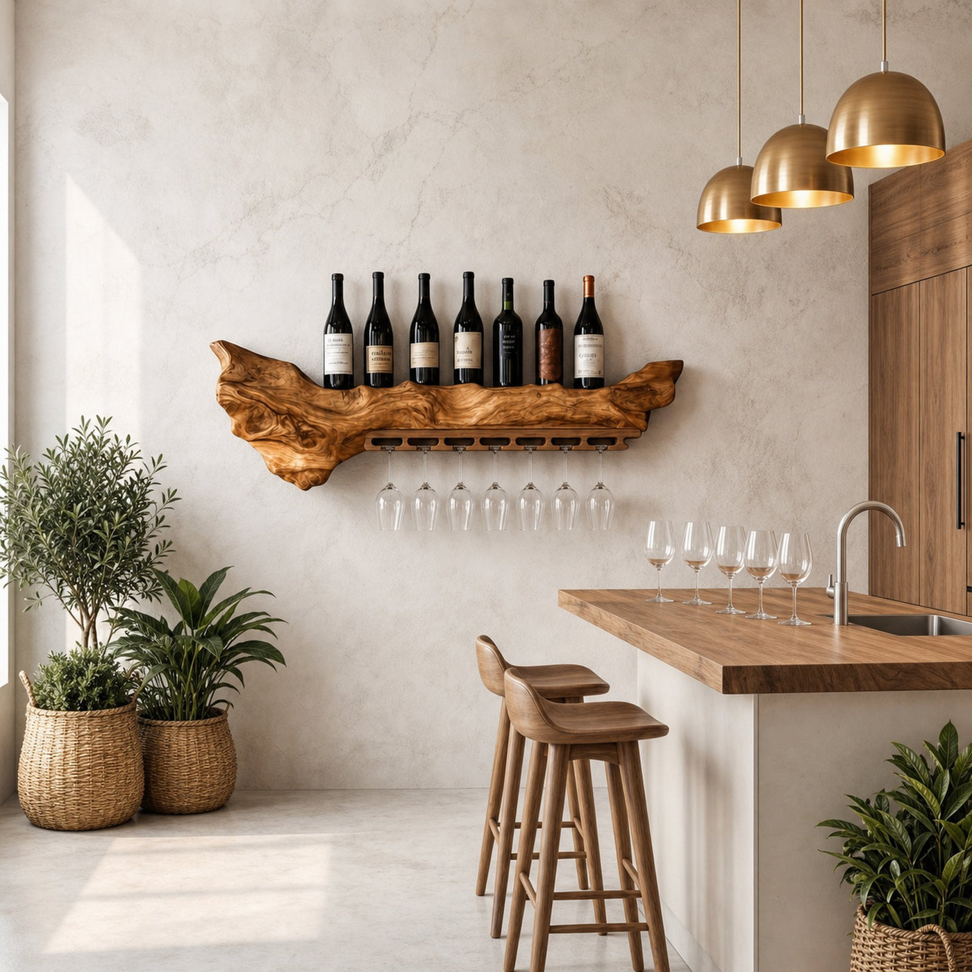 Rustic Live Edge Wall Mounted Wine Rack With Glass Holder And Bottle Storage For Kitchen And Dining Room - product view 6