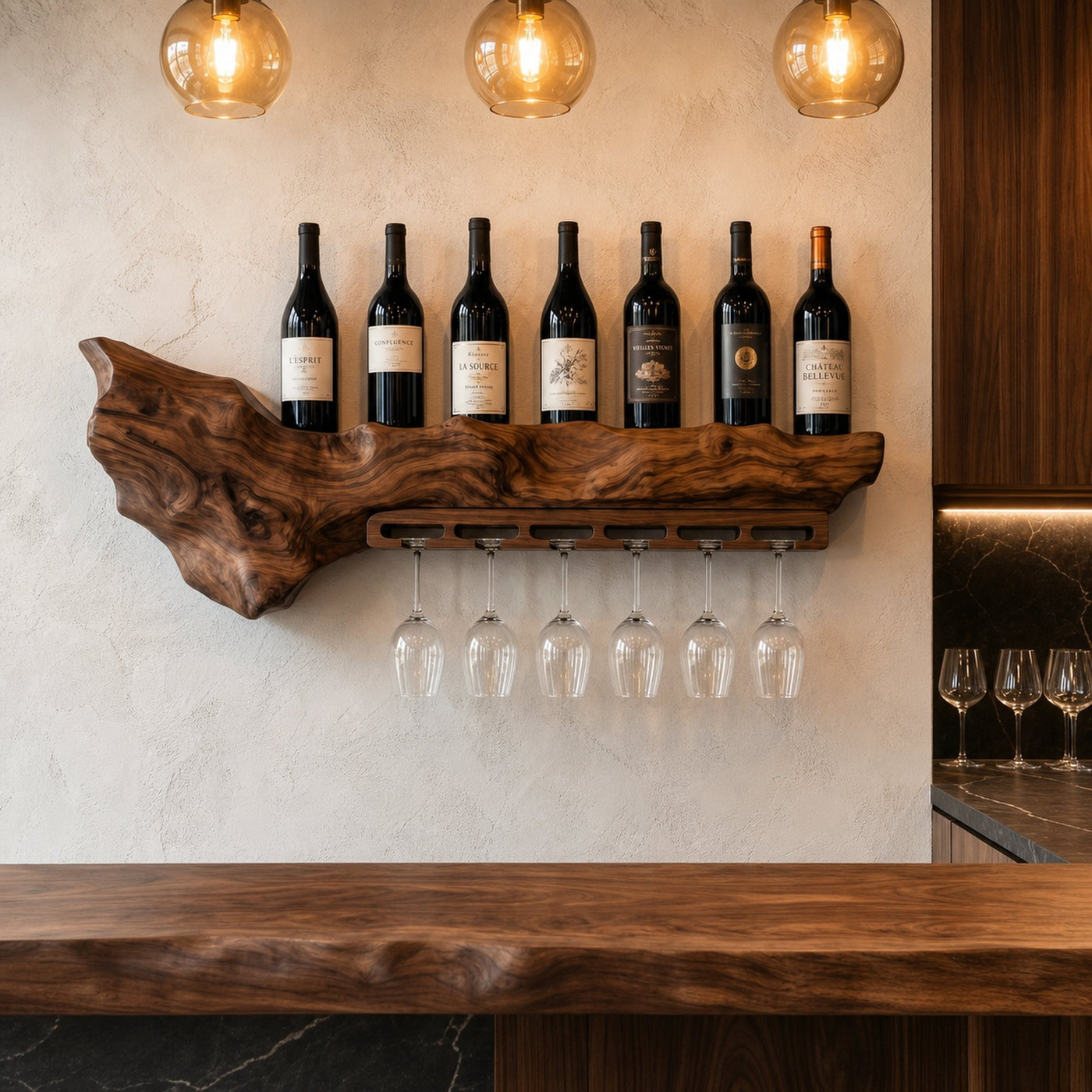 Rustic Live Edge Wall Mounted Wine Rack With Glass Holder And Bottle Storage For Kitchen And Dining Room - product view 7