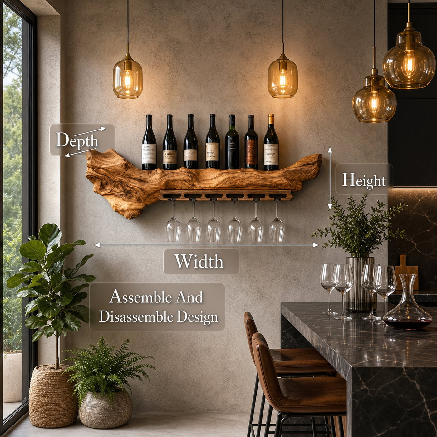 Rustic Live Edge Wall Mounted Wine Rack With Glass Holder And Bottle Storage For Kitchen And Dining Room - product view 8