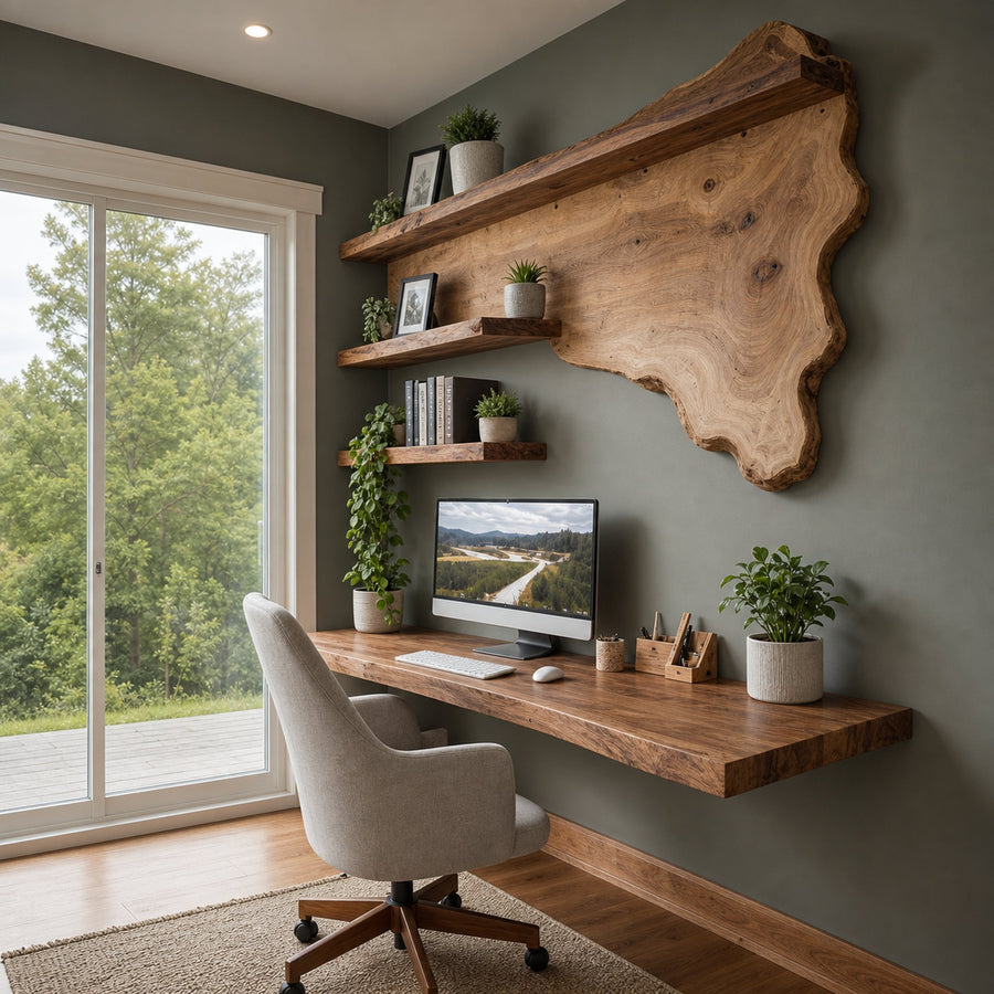 Rustic Live Edge Wall Shelf System For Home Office