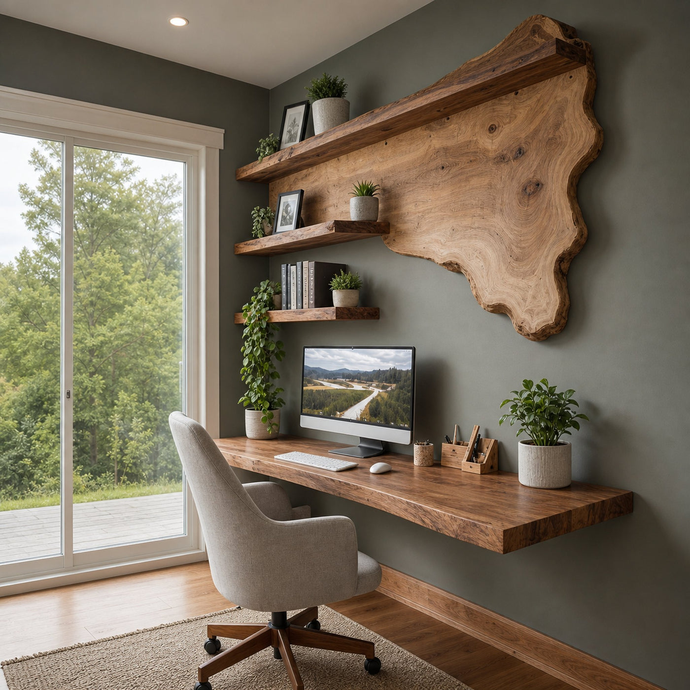 Rustic Live Edge Wall Shelf System For Home Office