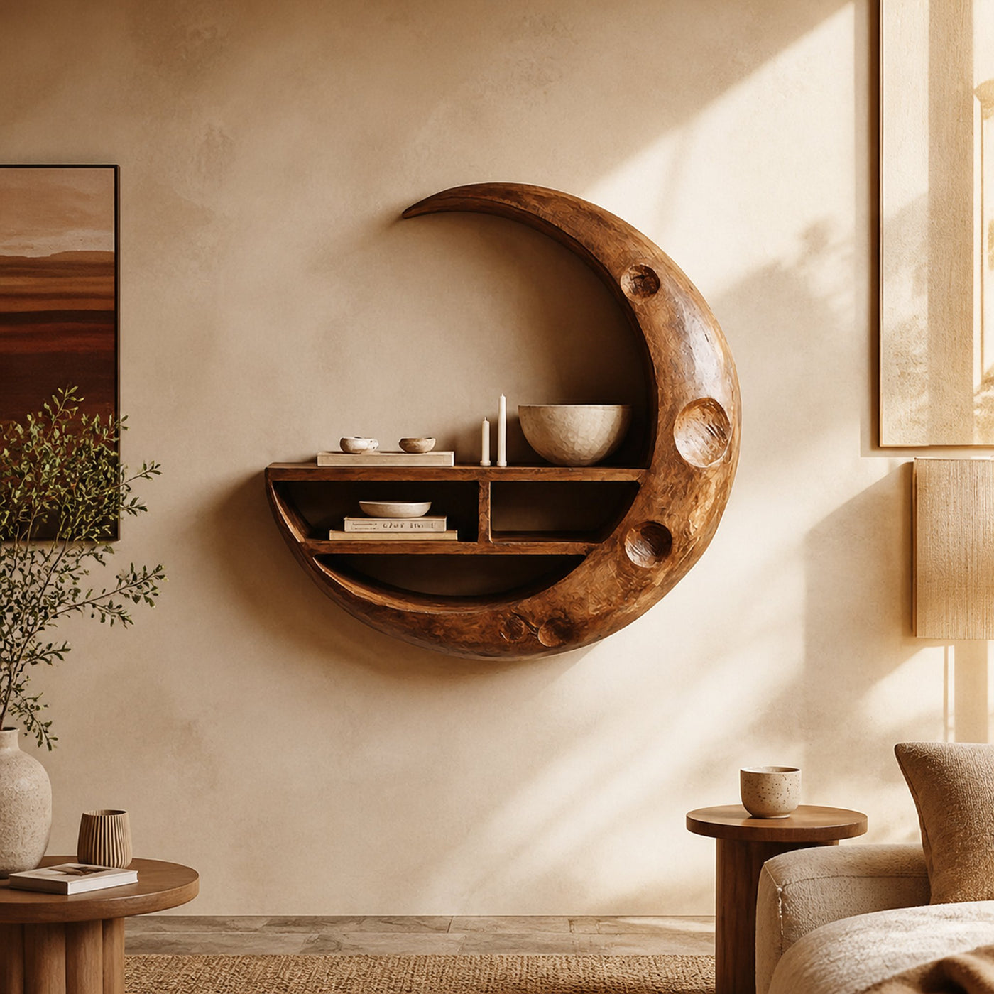 Rustic Moon Wall Shelf For Living Room And Interior Display