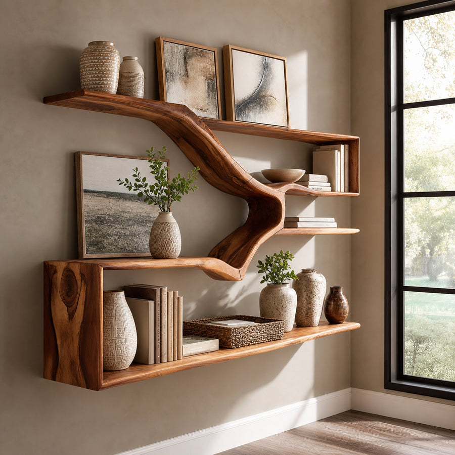 Rustic Natural Wood Kitchen Wall Shelf For Pantry Storage