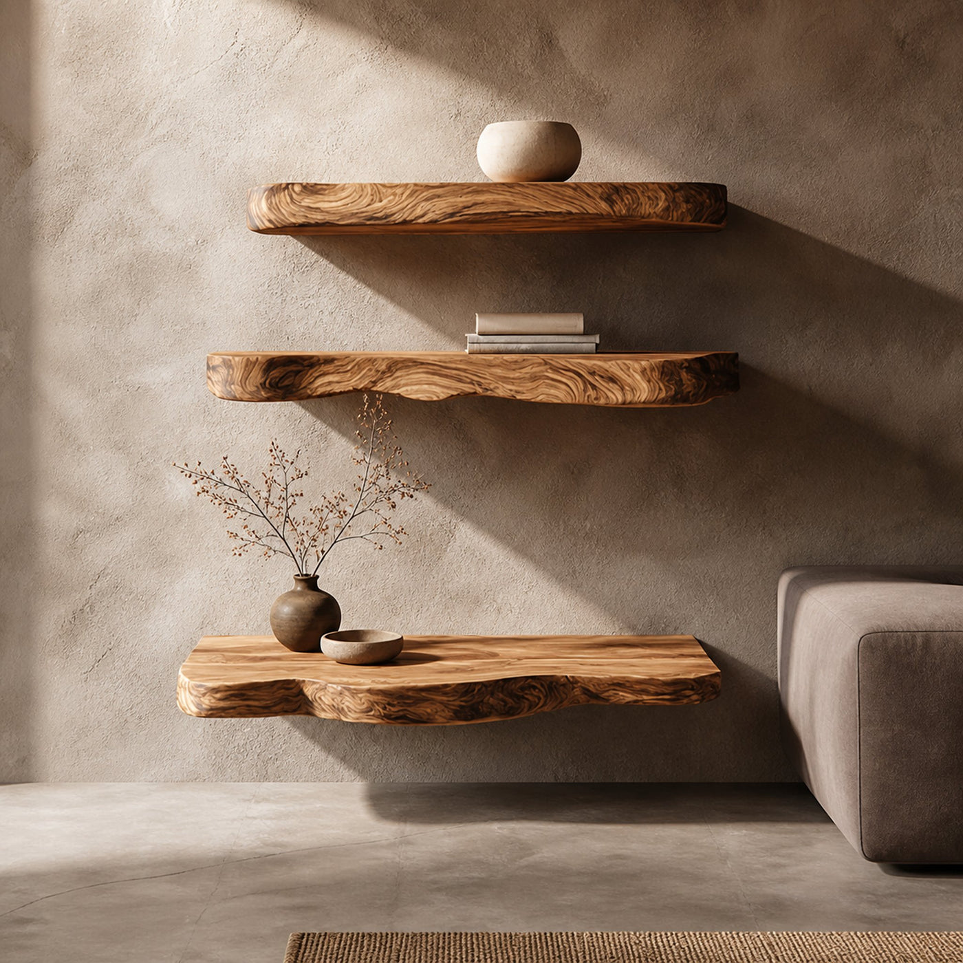 Rustic Nature Inspired Floating Display Shelves Solid Wood Living Room Interior Statement Feature