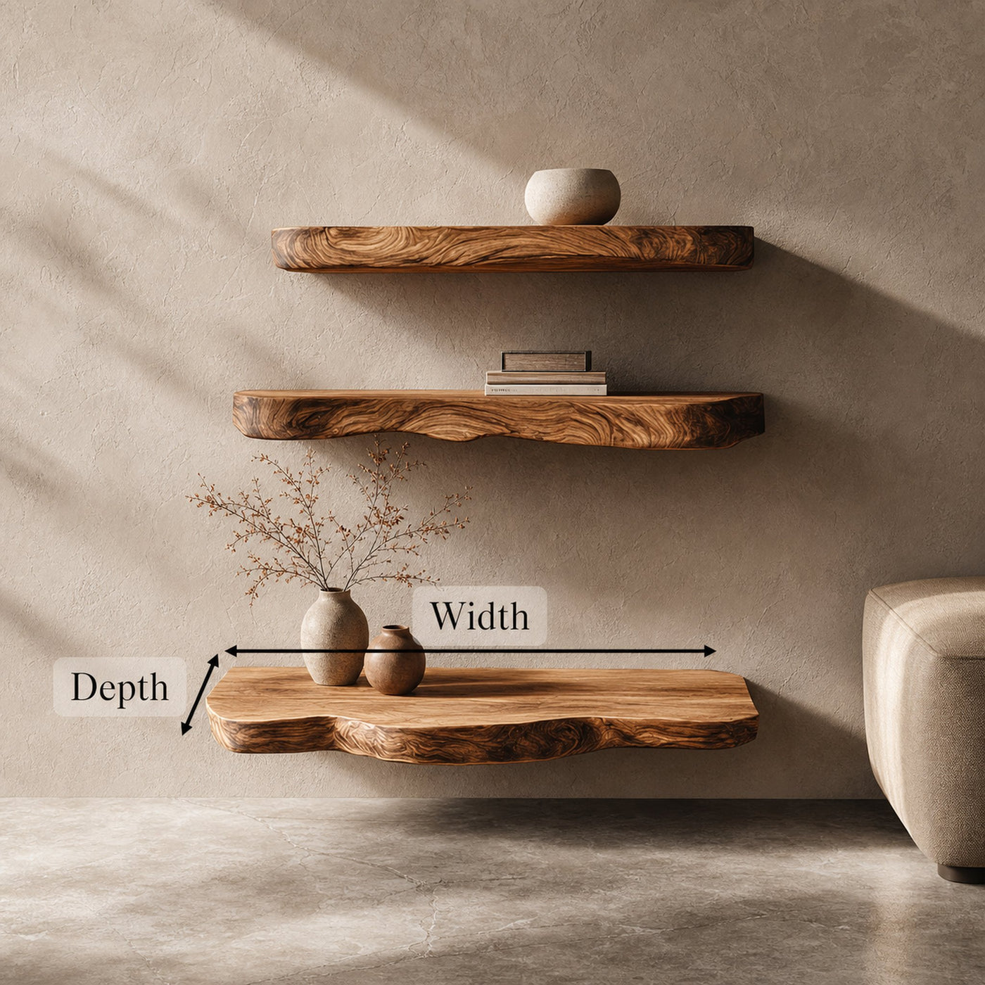 Rustic Nature Inspired Floating Display Shelves Solid Wood Living Room Interior Statement Feature - product view 6