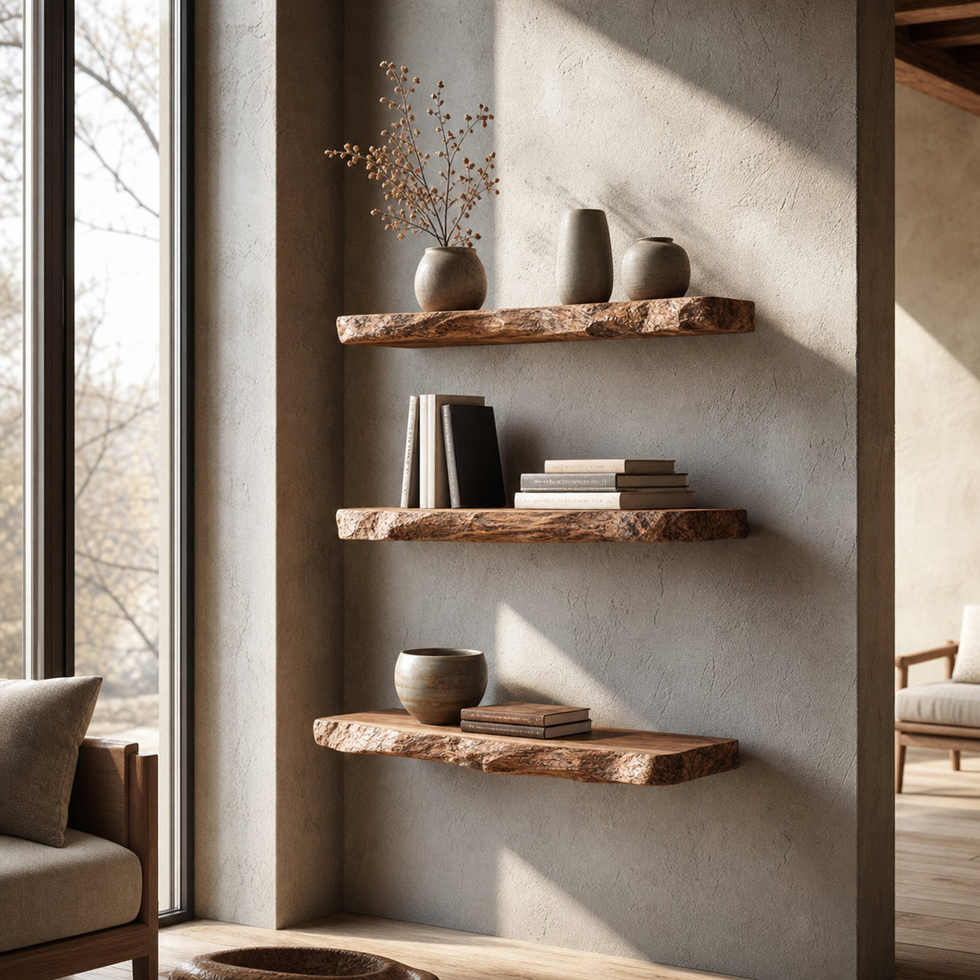 Rustic Organic Floating Shelf For Living Room Or Bedroom Wall