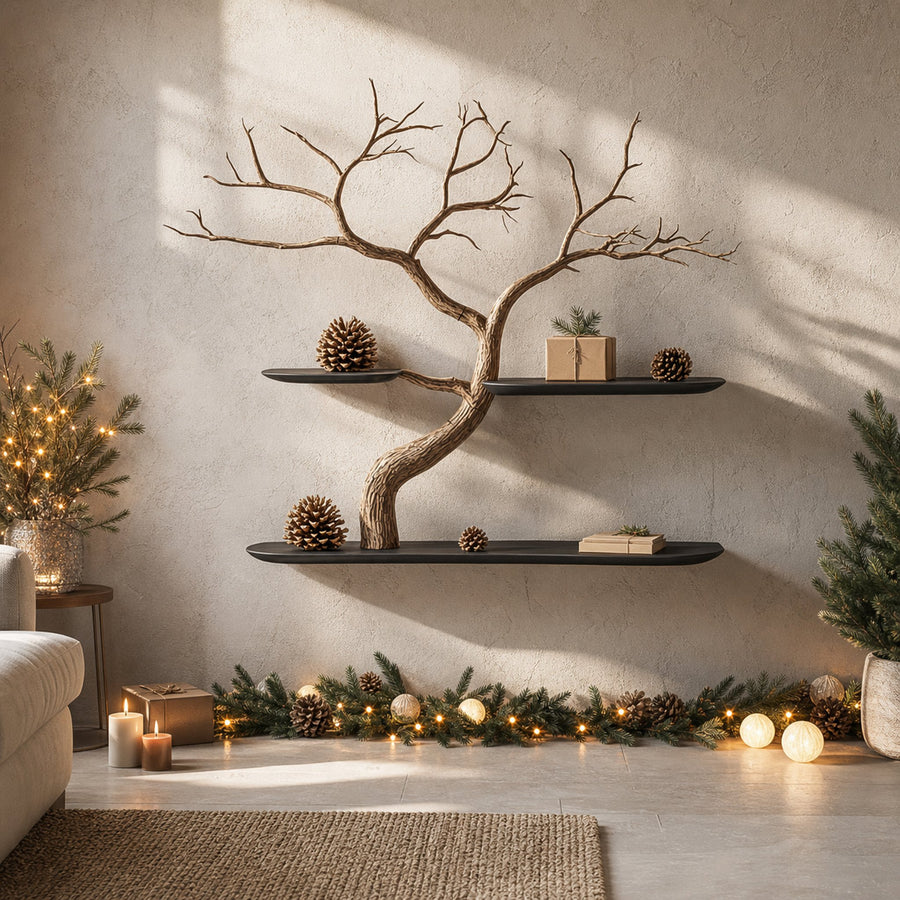 Rustic Organic Tree Bookshelf Christmas Entryway