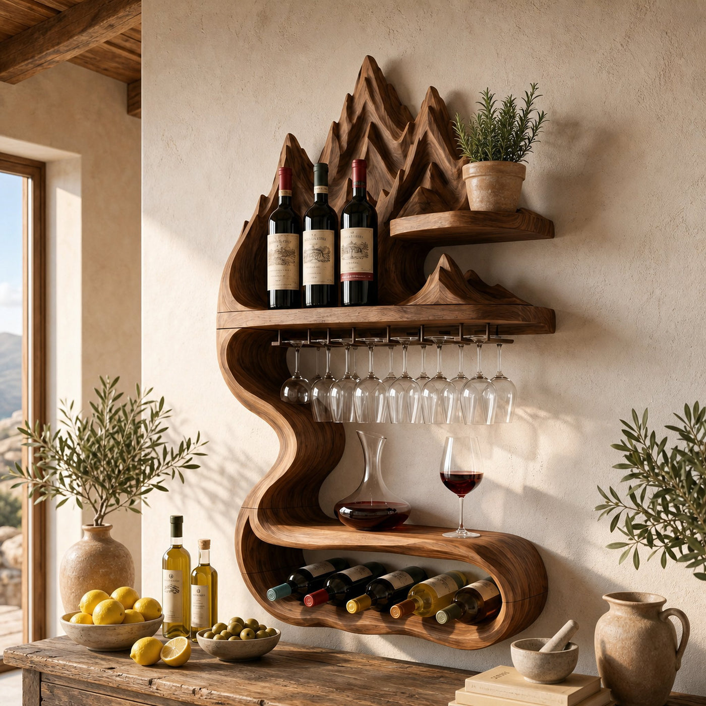 Rustic Sculptural Bottle Holder For Home Decor