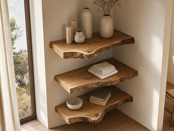 Rustic Sculptural Corner Floating Shelves Solid Wood Living Room Interior Statement Design
