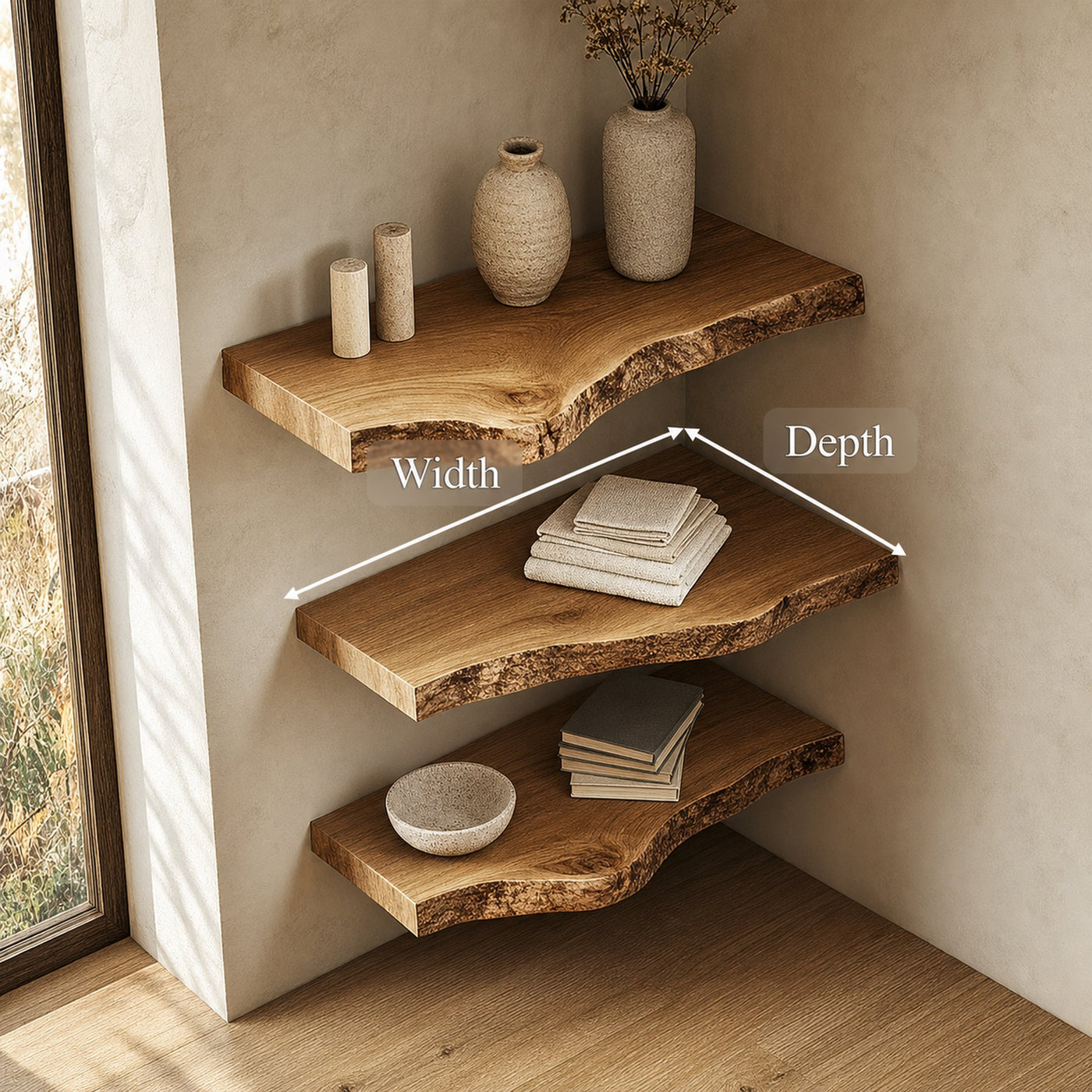 Rustic Sculptural Corner Floating Shelves Solid Wood Living Room Interior Statement Design - product view 6