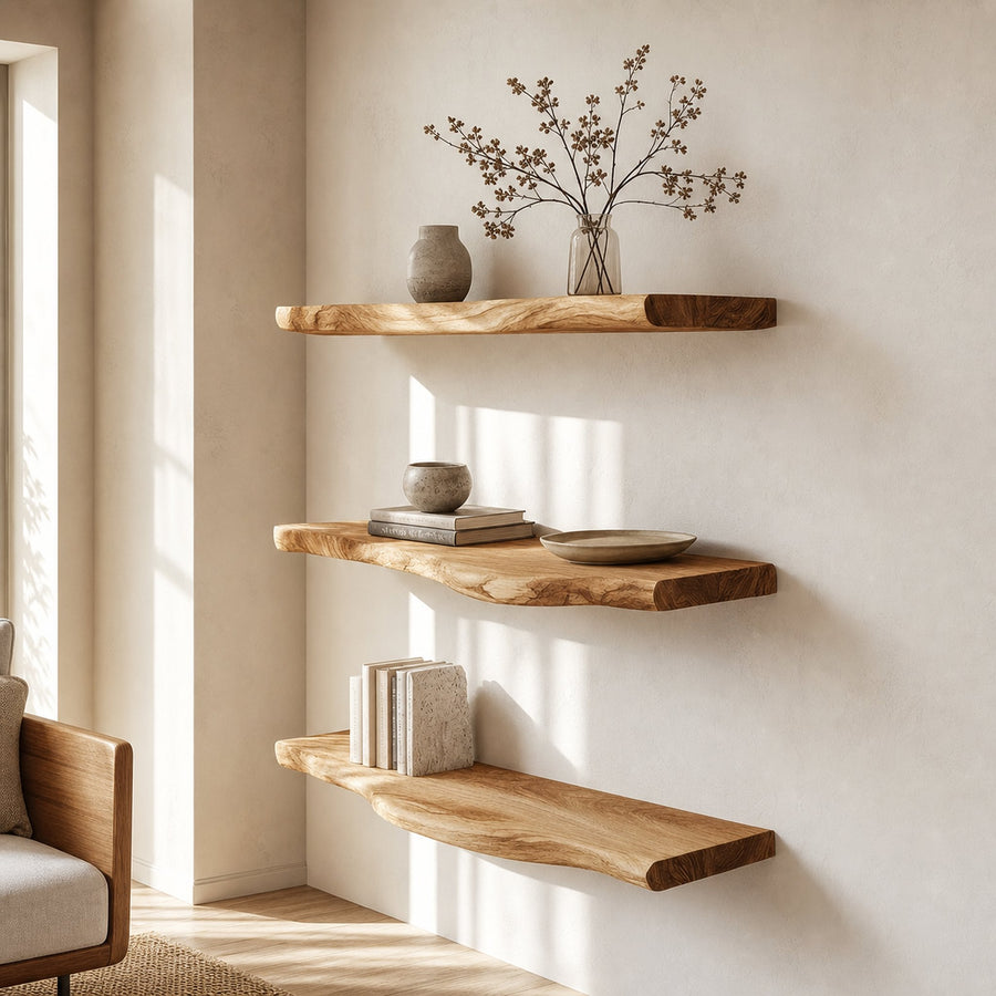 Rustic Sculptural Floating Shelf Solid Wood Living Room Interior Statement Design