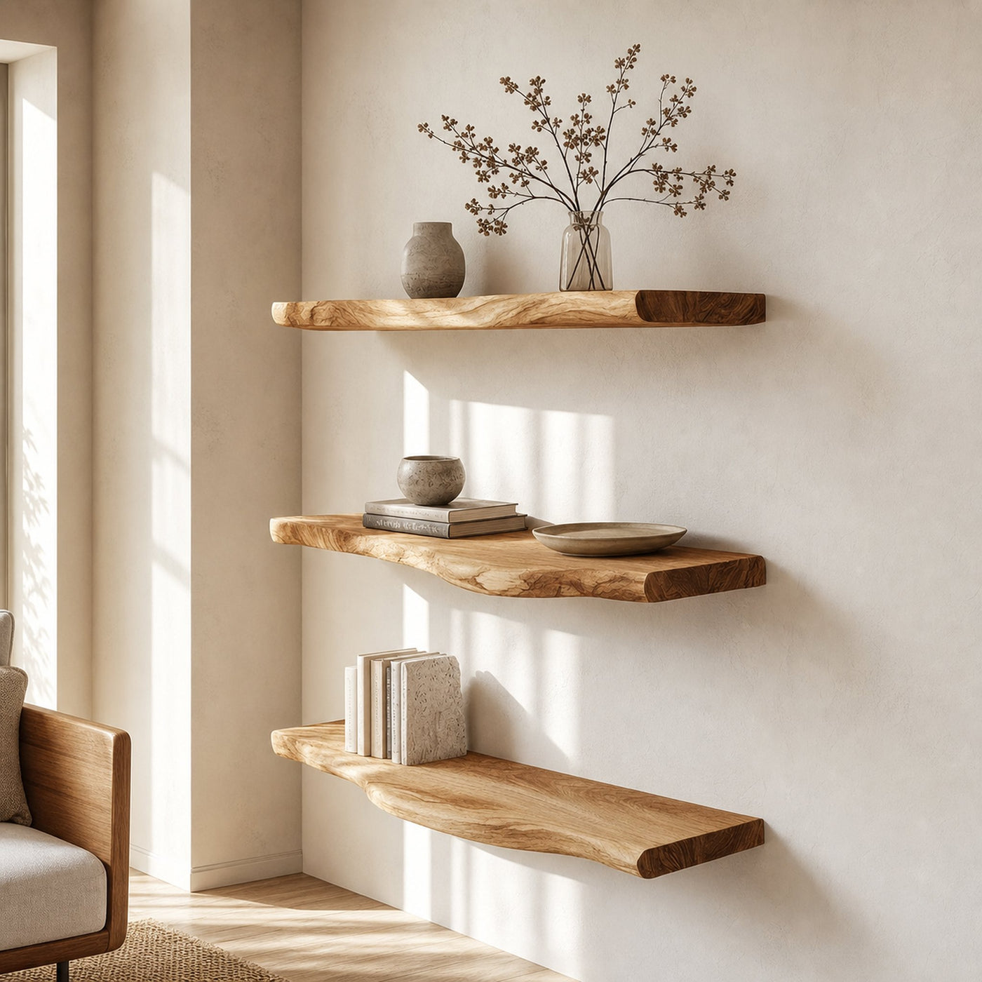Rustic Sculptural Floating Shelf Solid Wood Living Room Interior Statement Design