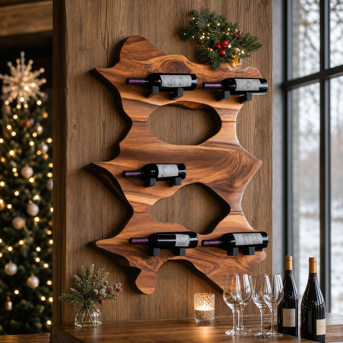 Rustic Solid Wood Live Edge Wine Rack For Entryway