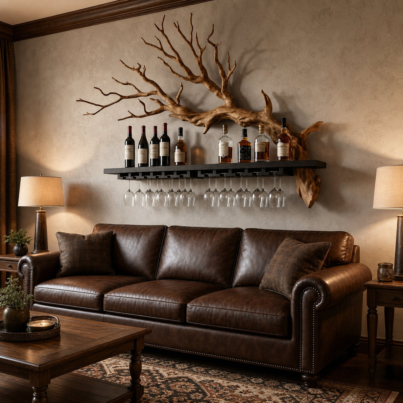 Rustic Tree Branch Wine Rack Living Room Wall Bar Decor