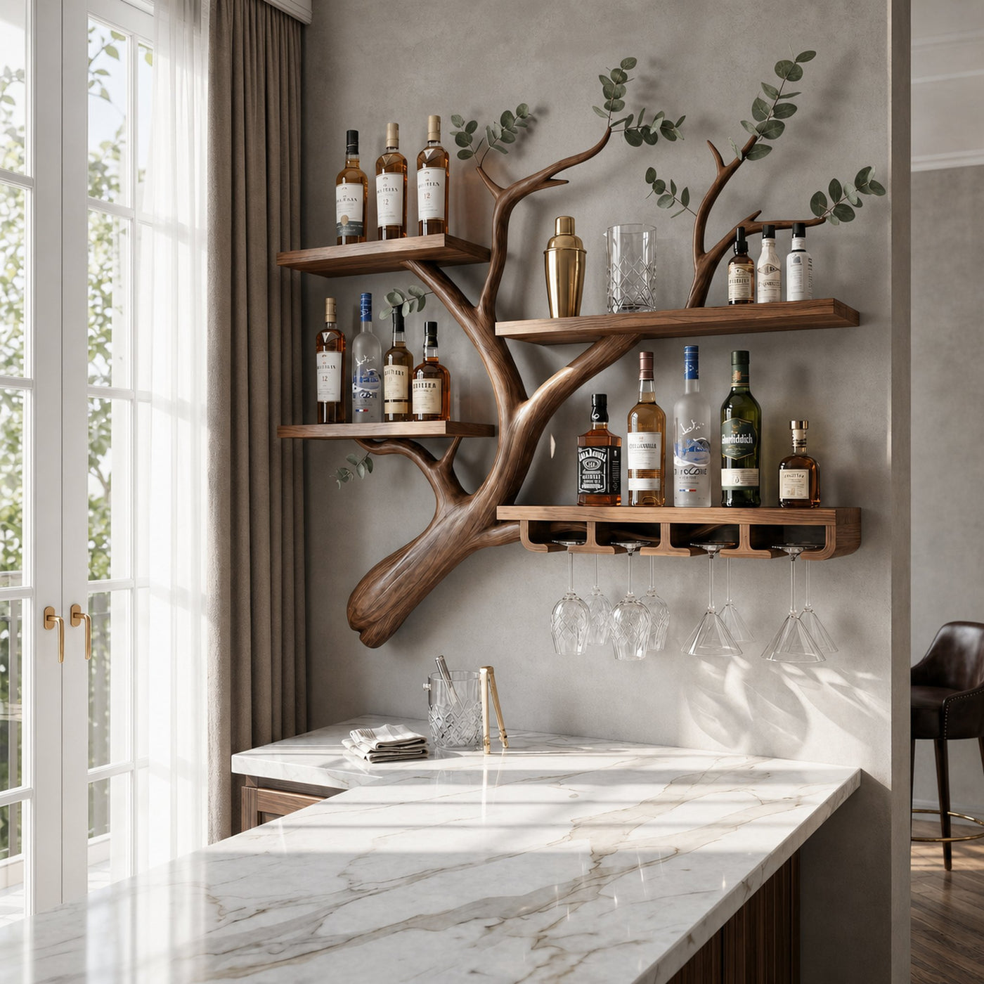 Rustic Tree Branch Wine Rack Wooden Wall Mounted Shelf For Kitchen Dining Room Home Bar
