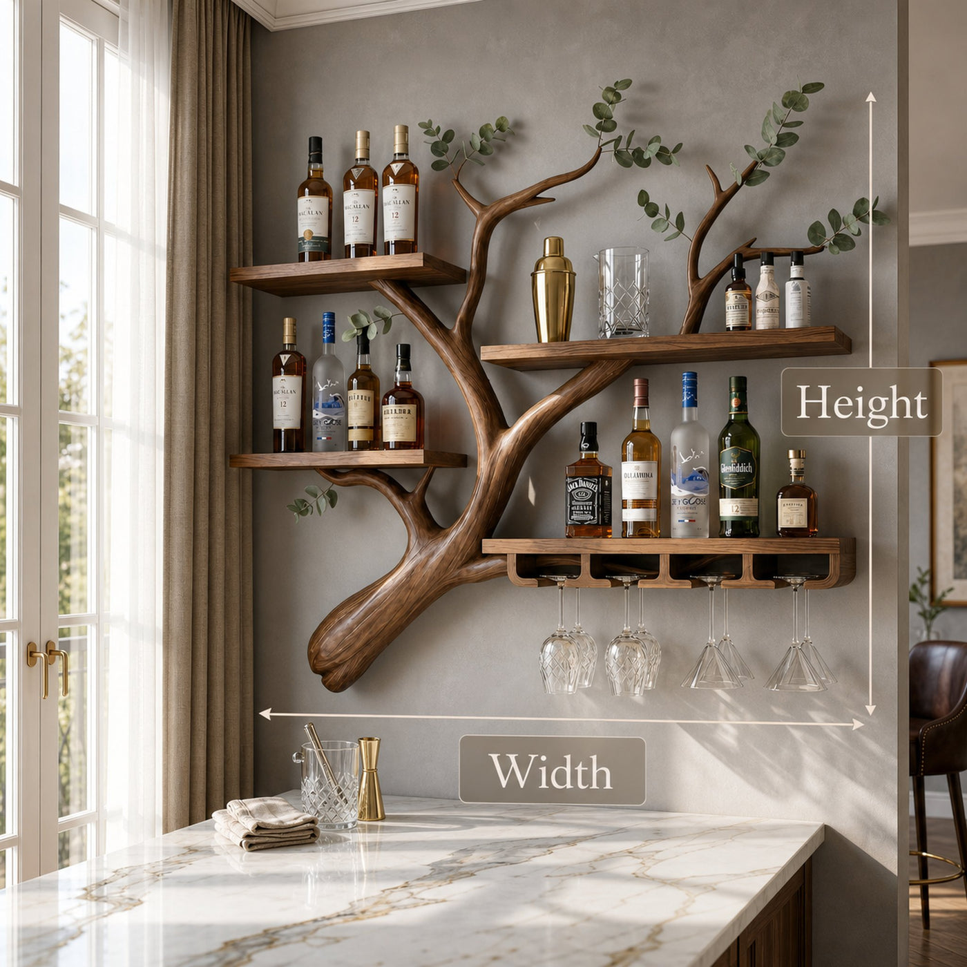 Rustic Tree Branch Wine Rack Wooden Wall Mounted Shelf For Kitchen Dining Room Home Bar - product view 6