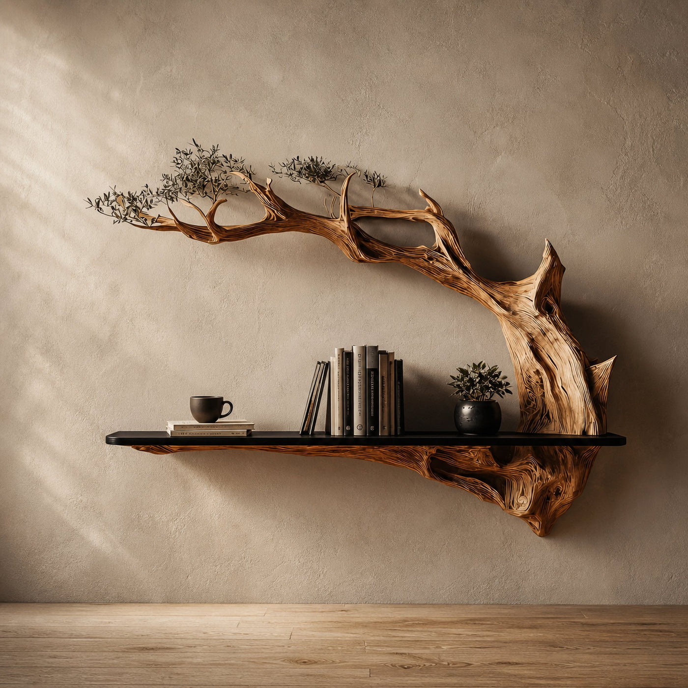 Rustic Tree Wall Shelf Unique Living Room Storage