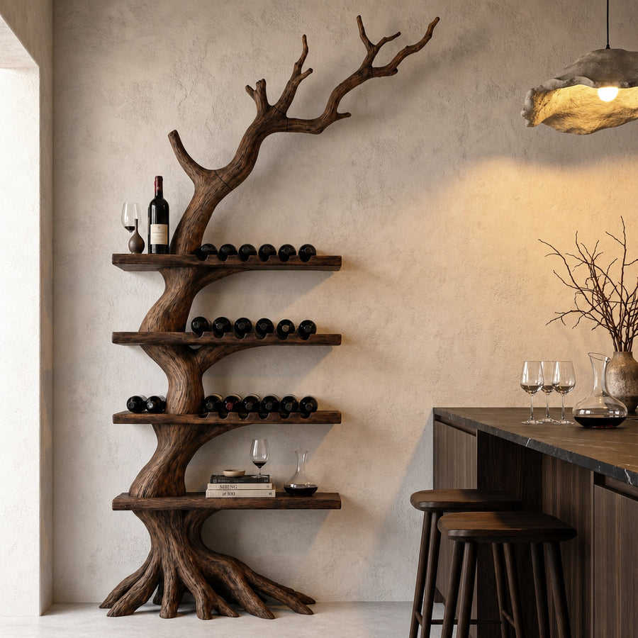 Rustic Tree Wine Rack With Solid Wood Shelves And Branch Inspired Wall Mounted Design For Dining Room