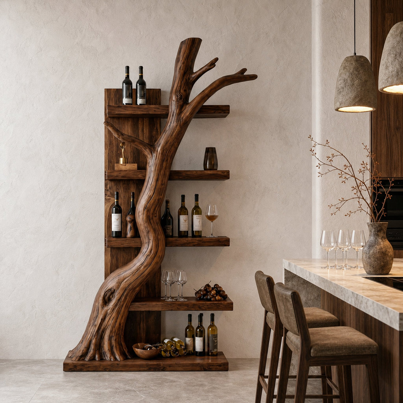 Rustic Tree Wine Rack With Solid Wood Shelves And Sculptural Root Base For Home Bar