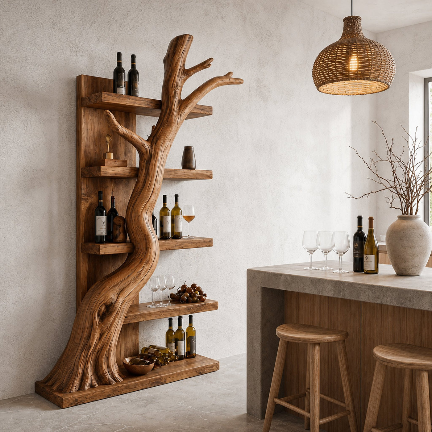 Rustic Tree Wine Rack With Solid Wood Shelves And Sculptural Root Base For Home Bar - product view 6
