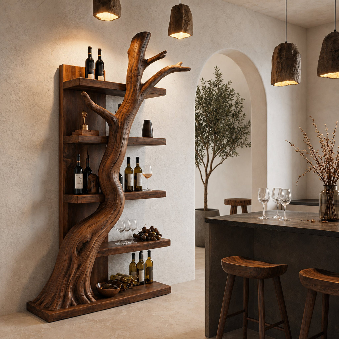 Rustic Tree Wine Rack With Solid Wood Shelves And Sculptural Root Base For Home Bar - product view 7