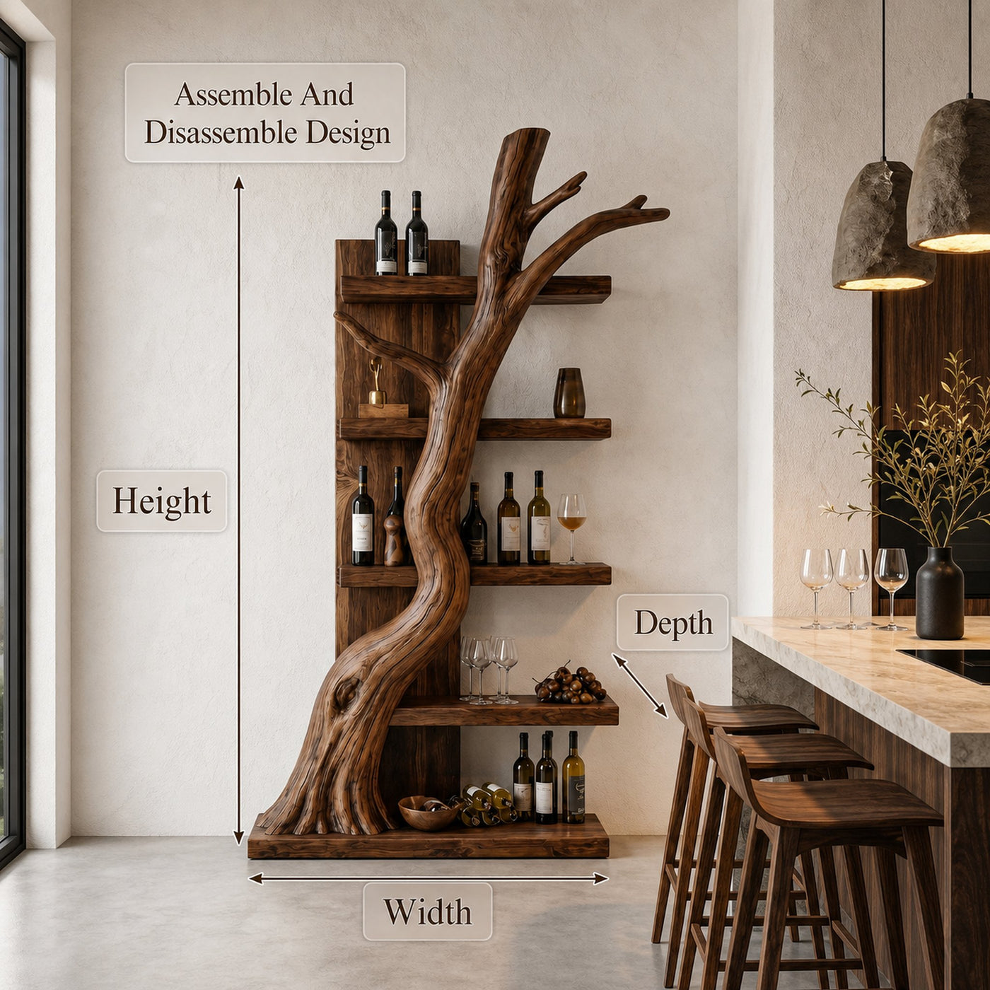 Rustic Tree Wine Rack With Solid Wood Shelves And Sculptural Root Base For Home Bar - product view 8