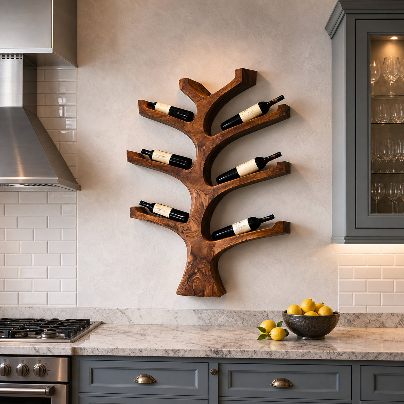 Rustic Wall Mounted Tree Branch Wine Holder For Kitchen