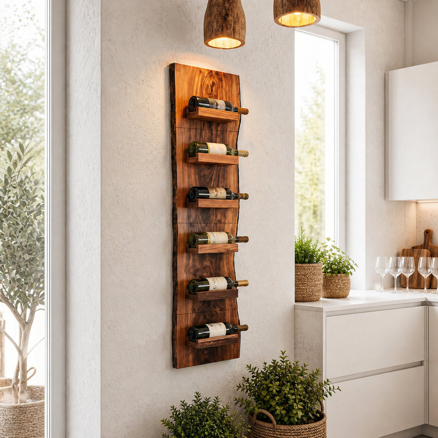 Rustic Wall Mounted Wine Rack With Vertical Wooden Storage Shelves For Kitchen And Dining Room