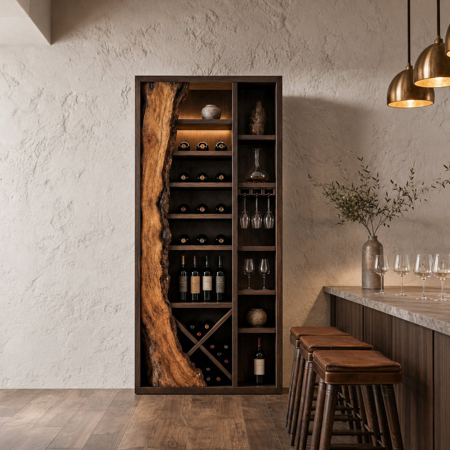 Rustic Wine Cabinet With Live Edge Wood Inlay And Built In Bottle Storage For Dining Room