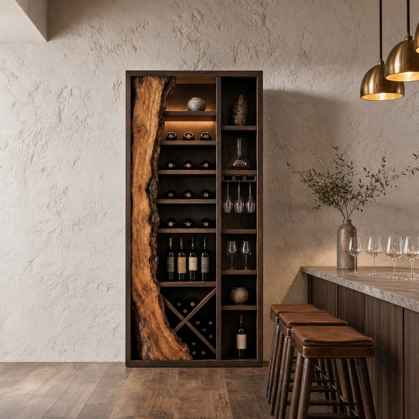 Rustic Wine Cabinet With Live Edge Wood Inlay And Built In Bottle Storage For Dining Room