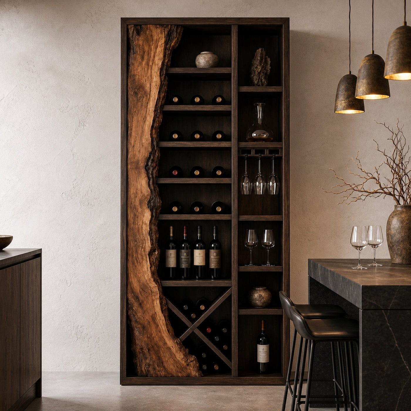 Rustic Wine Cabinet With Live Edge Wood Inlay And Built In Bottle Storage For Dining Room - product view 7
